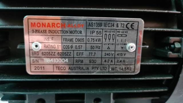 Monarch 0.75Kw, 930 RPM 6 Pole Foot/Flange Electric Motor (New)
