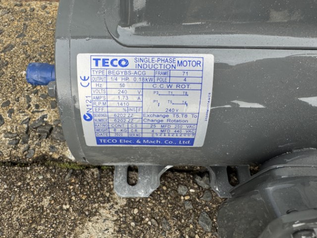 TECO 0.18Kw, 1410 RPM, 4 Pole, Single Phase Electric Motor
