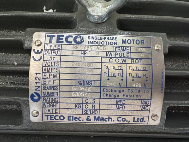 TECO 3Kw, 4 Pole, Single Phase Electric Motor