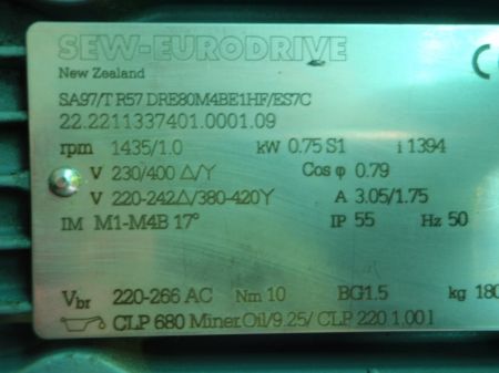 1rpm SEW geared motor name plate