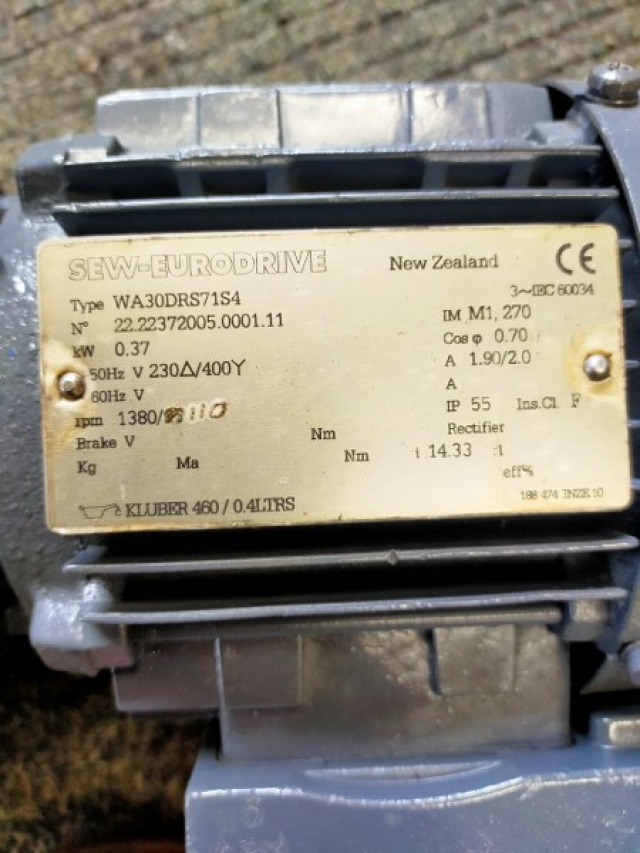 SEW 0.37Kw, 104 Rpm Geared Motor with Brake Unit.